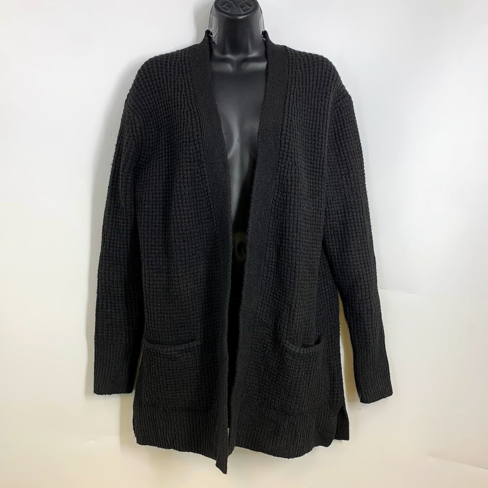 Caslon Women's Open Front Waffle Weave Cardigan Sweater Black Ribbed Cuffs SZ S